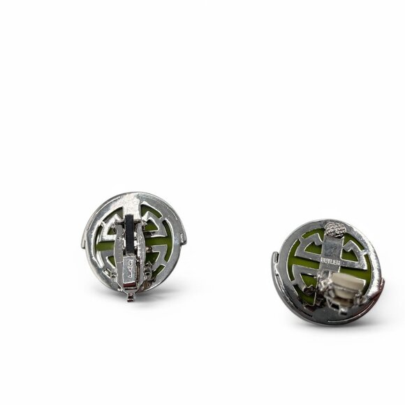 Vintage BUTLER 5th Ave Jade Glass & Pave Rhinestone Silver Tone Clip on Earrings - Picture 7 of 10